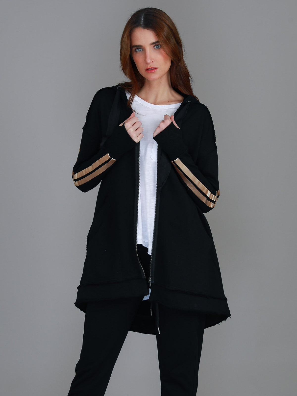Charlie | Women's Gold Stripe Hooded Jacket – Cotton French Terry