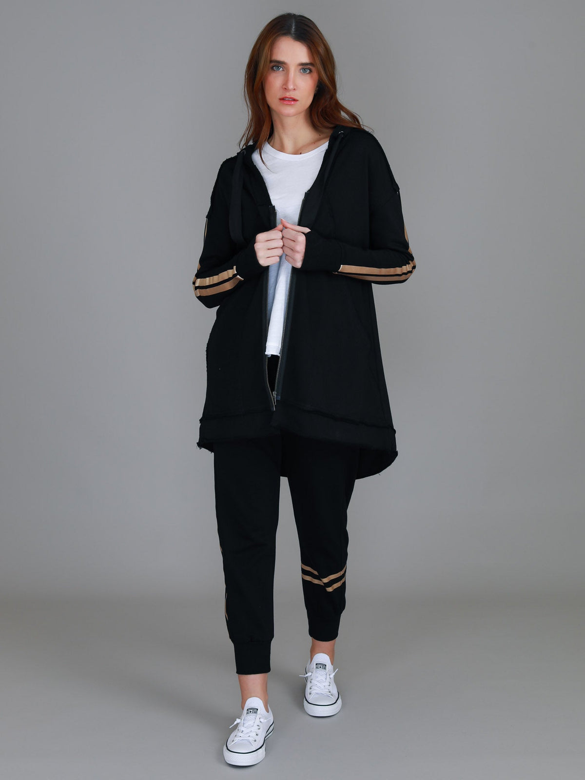 Charlie | Women's Gold Stripe Hooded Jacket – Cotton French Terry