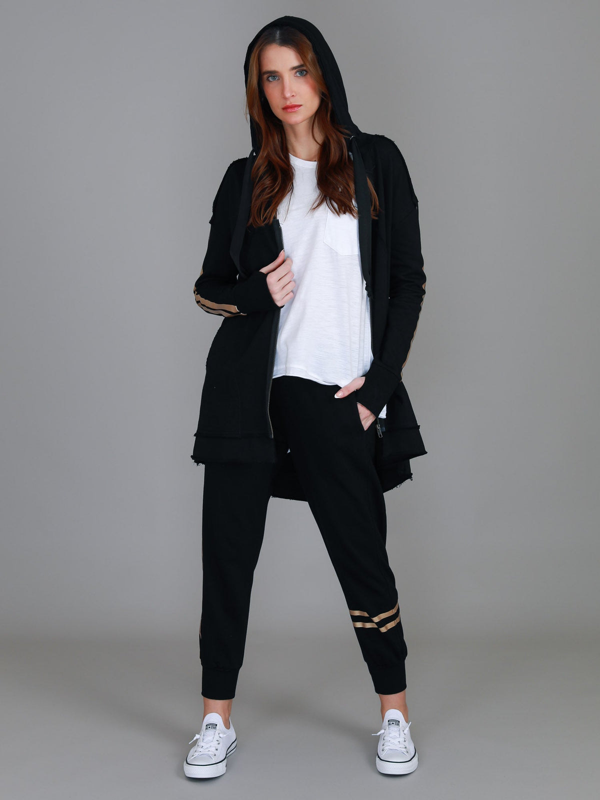 Charlie | Women's Gold Stripe Hooded Jacket – Cotton French Terry