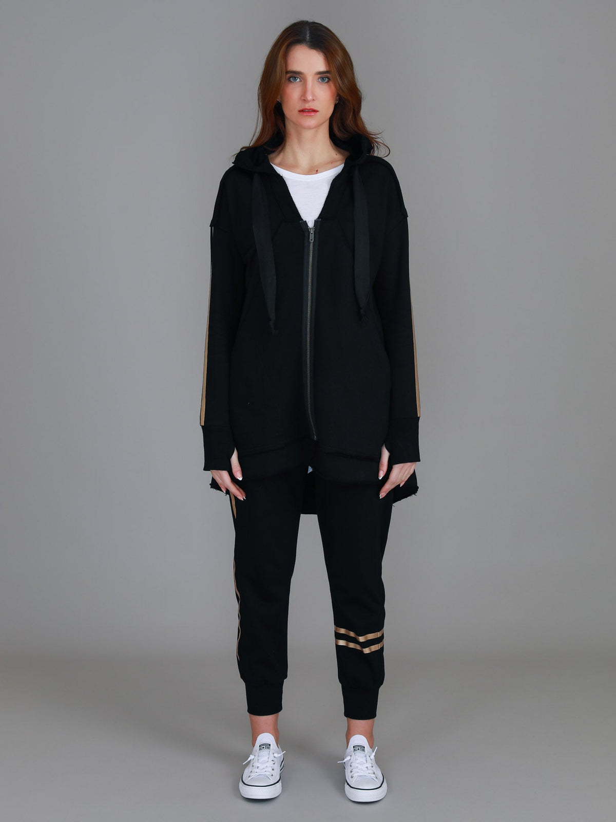 Charlie | Women's Gold Stripe Hooded Jacket – Cotton French Terry