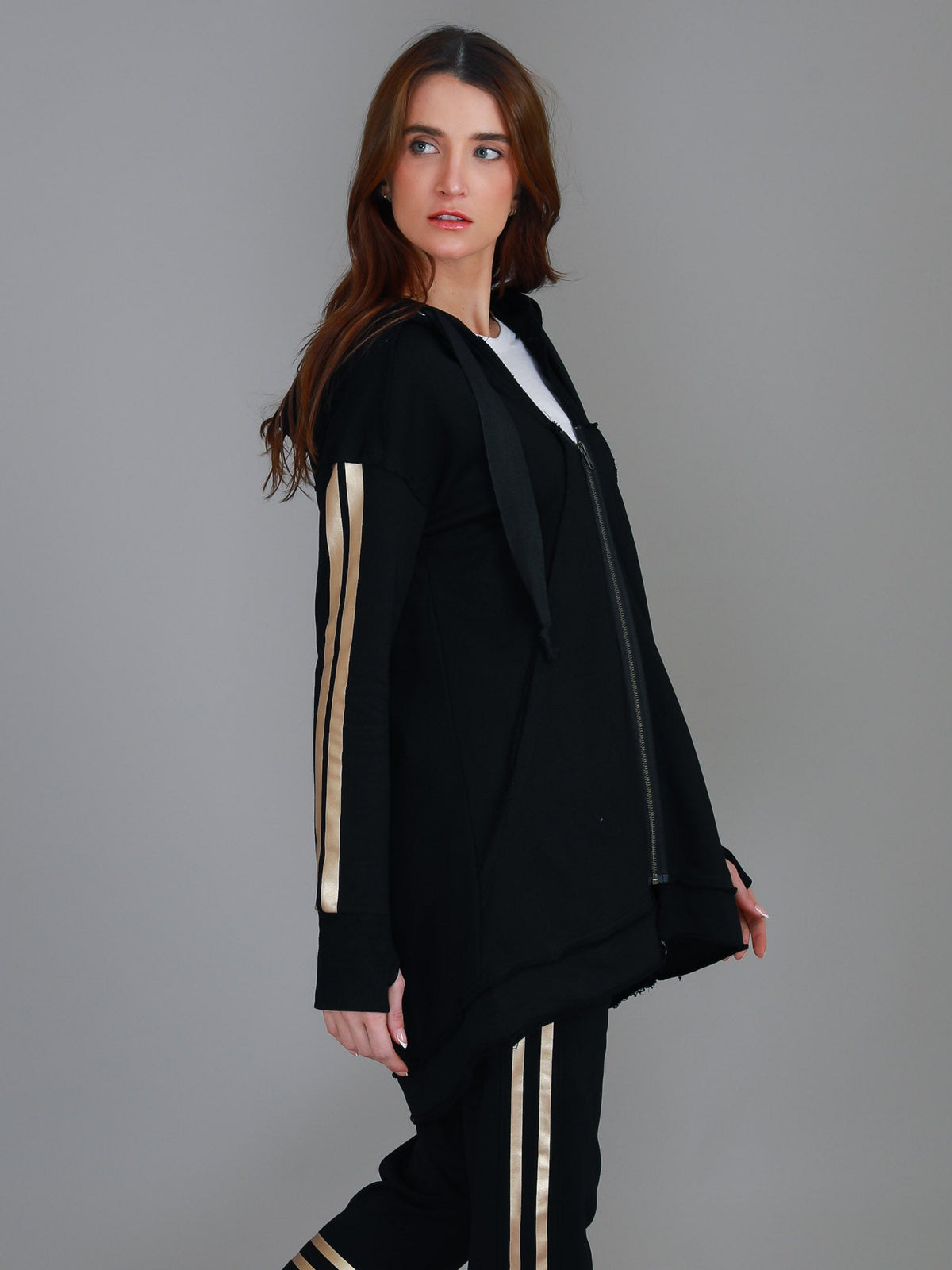 Charlie | Women's Gold Stripe Hooded Jacket – Cotton French Terry