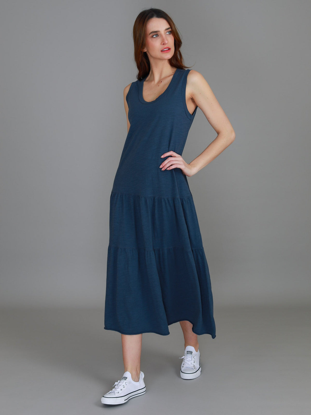 Ella | Women's Sleeveless Tiered Midi Dress – Cotton Jersey