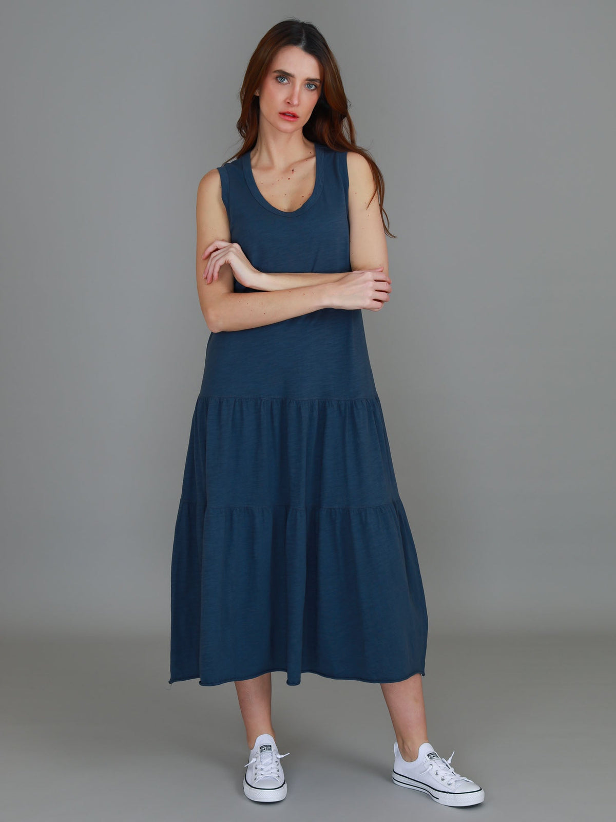 Ella | Women's Sleeveless Tiered Midi Dress – Cotton Jersey