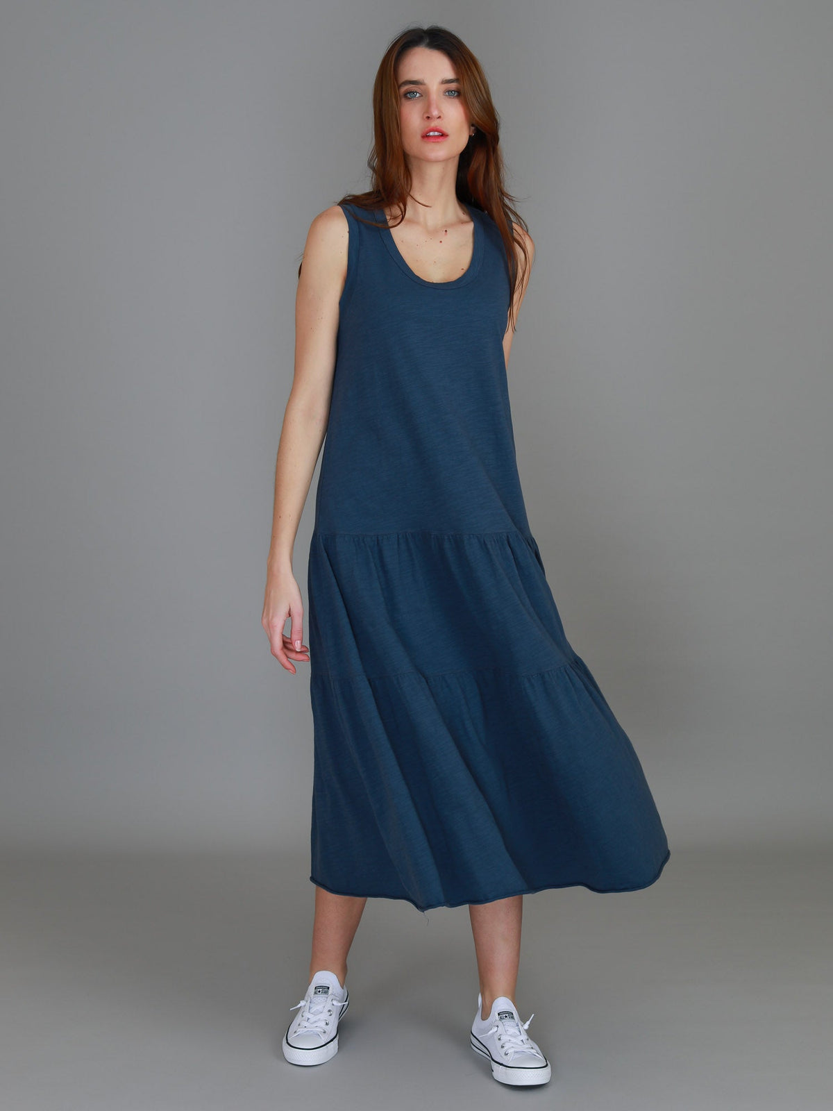 Ella | Women's Sleeveless Tiered Midi Dress – Cotton Jersey