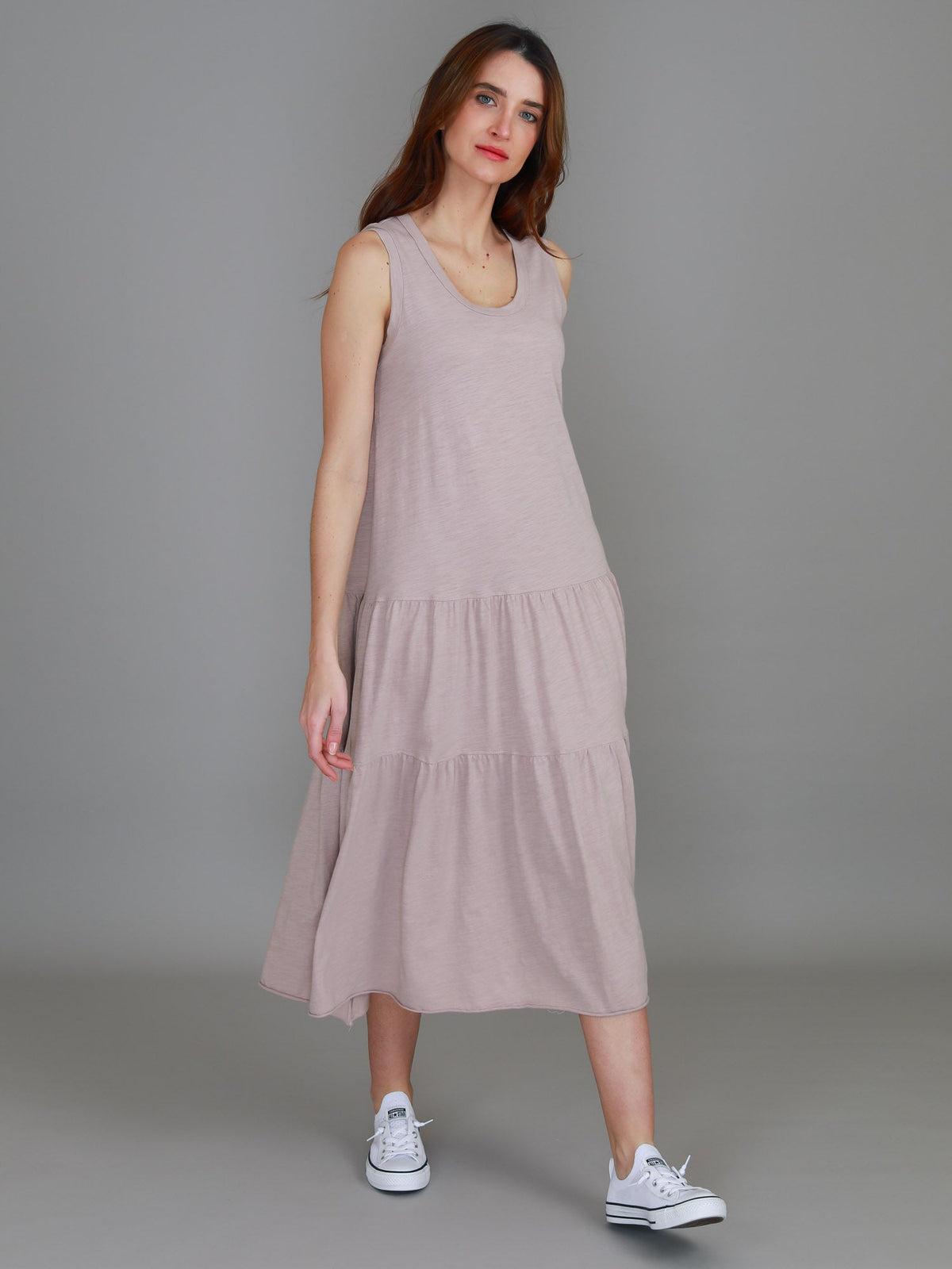 Ella | Women's Sleeveless Tiered Midi Dress – Cotton Jersey