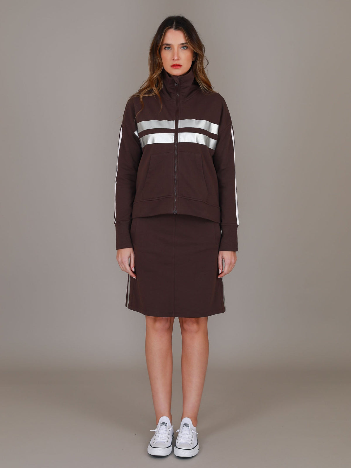 Celine | Women's Zip-Up Track Jacket – Stripe Panel Cotton French Terry
