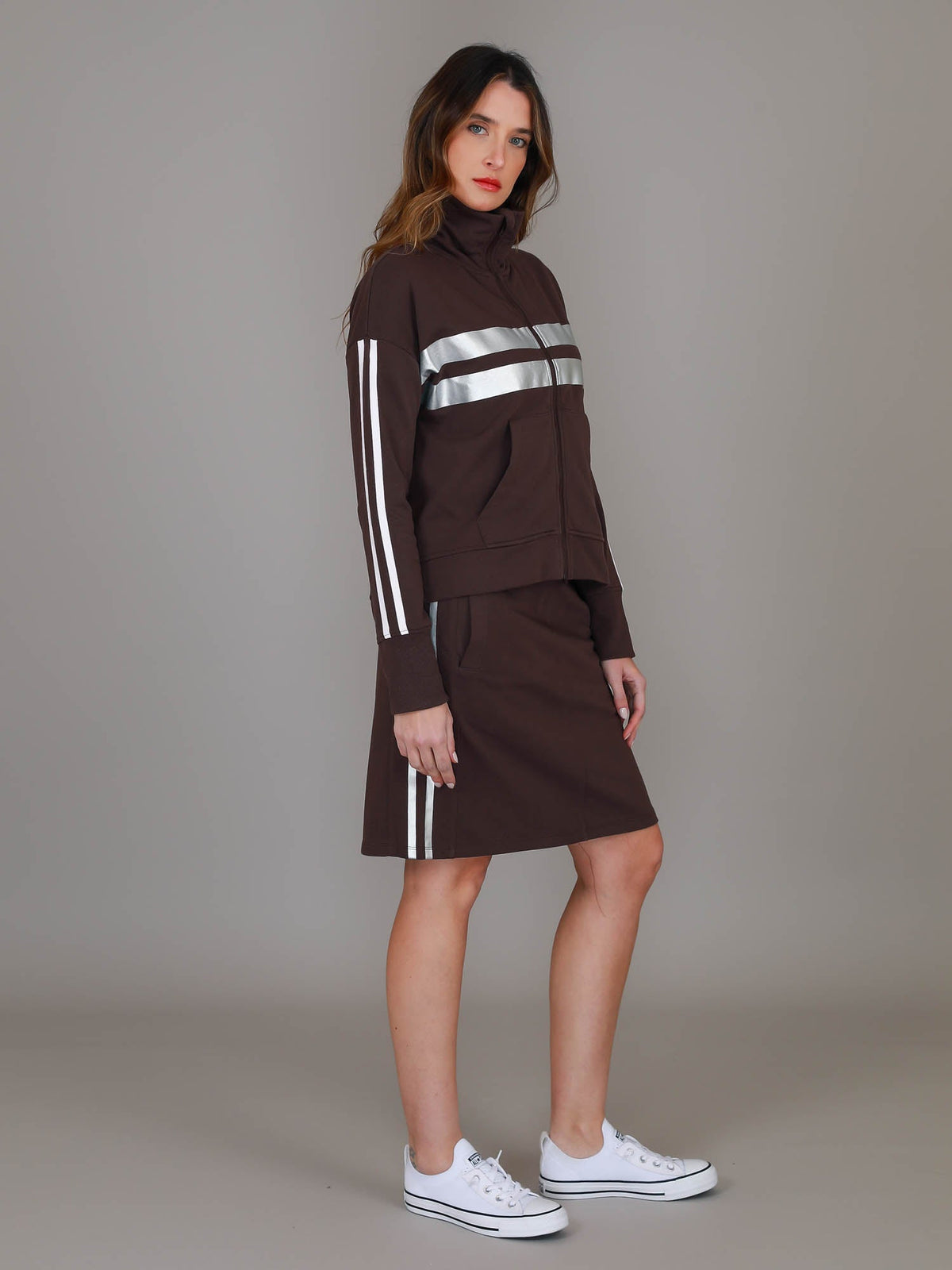 Celine | Women's Zip-Up Track Jacket – Stripe Panel Cotton French Terry