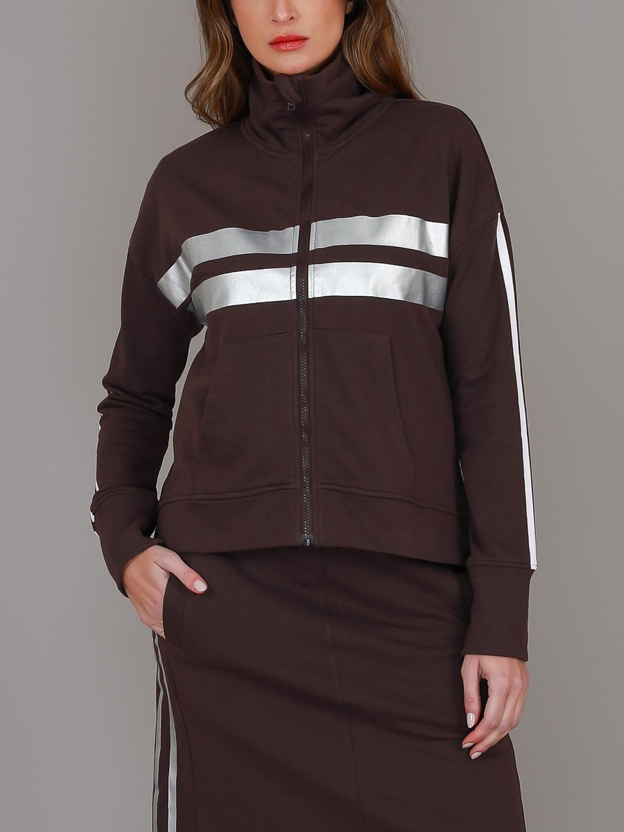 Celine | Women's Zip-Up Track Jacket – Stripe Panel Cotton French Terry