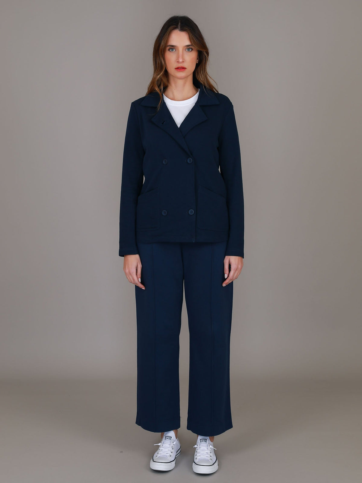 Cait | Women's Cropped Double Breasted Blazer Jacket – Cotton French Terry
