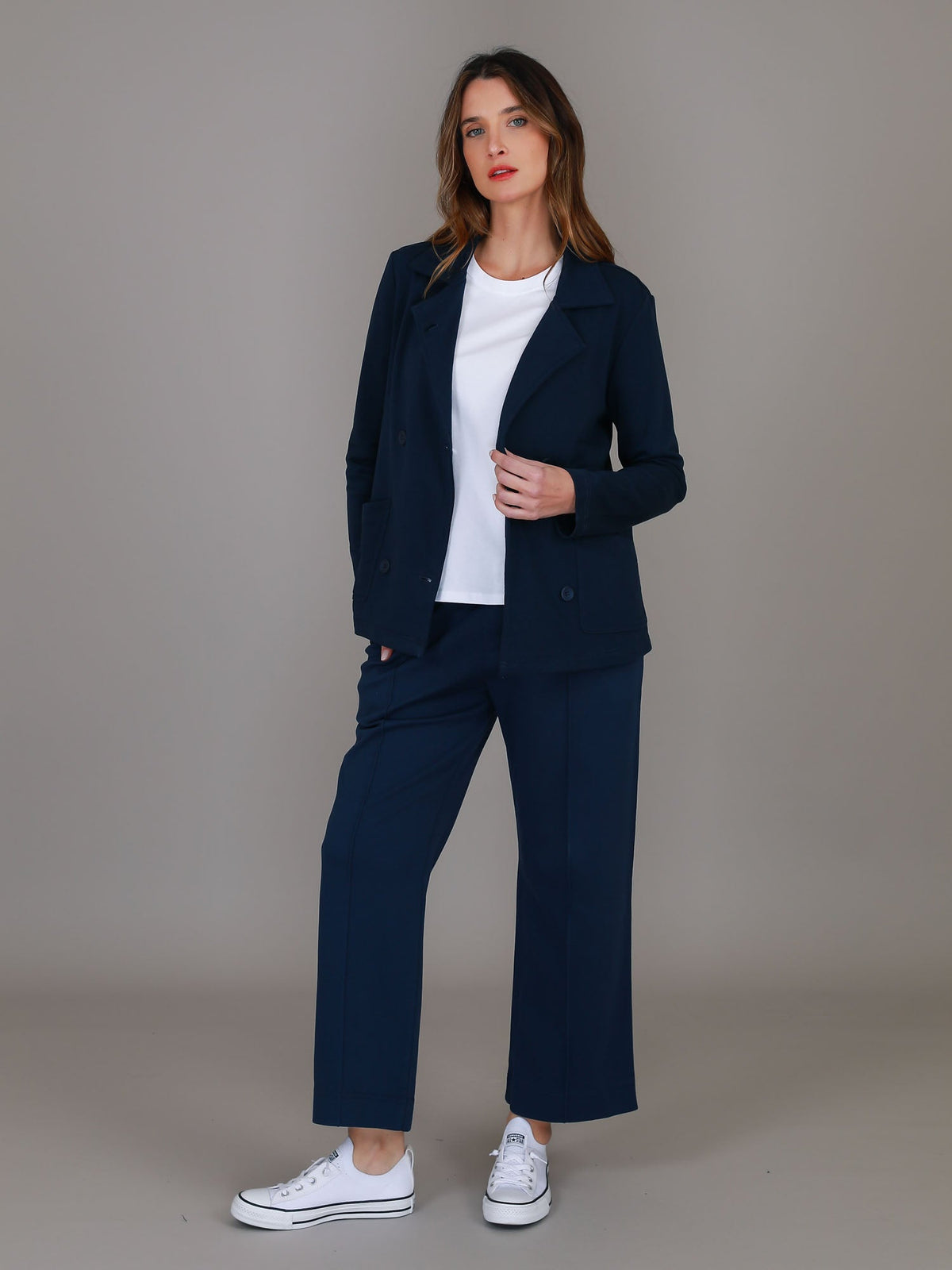 Cait | Women's Cropped Double Breasted Blazer Jacket – Cotton French Terry