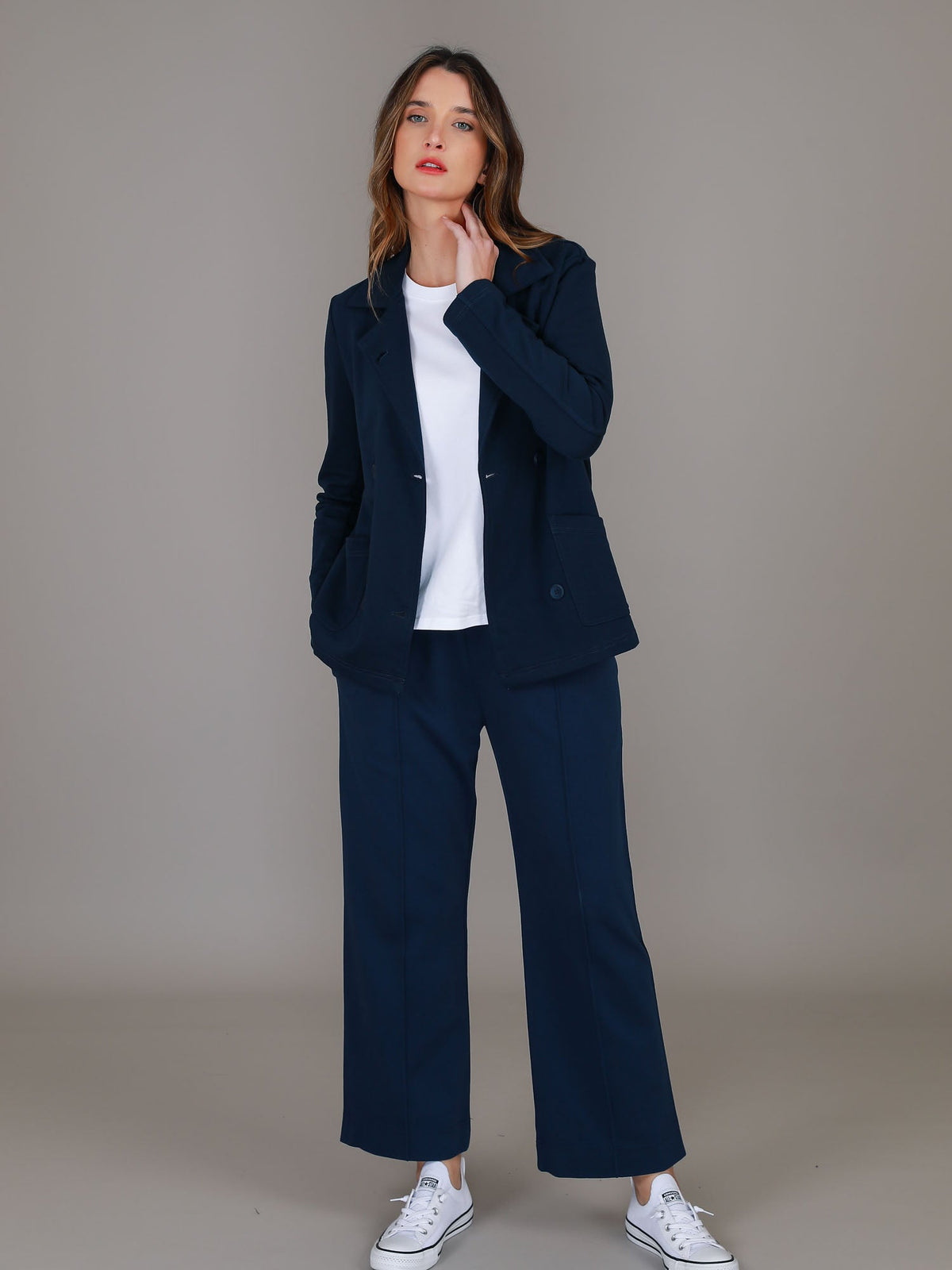 Cait | Women's Cropped Double Breasted Blazer Jacket – Cotton French Terry