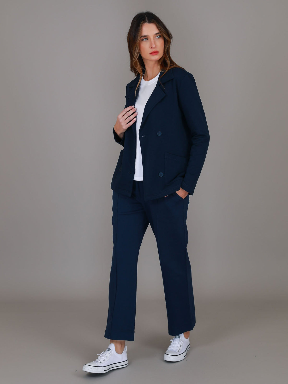 Cait | Women's Cropped Double Breasted Blazer Jacket – Cotton French Terry