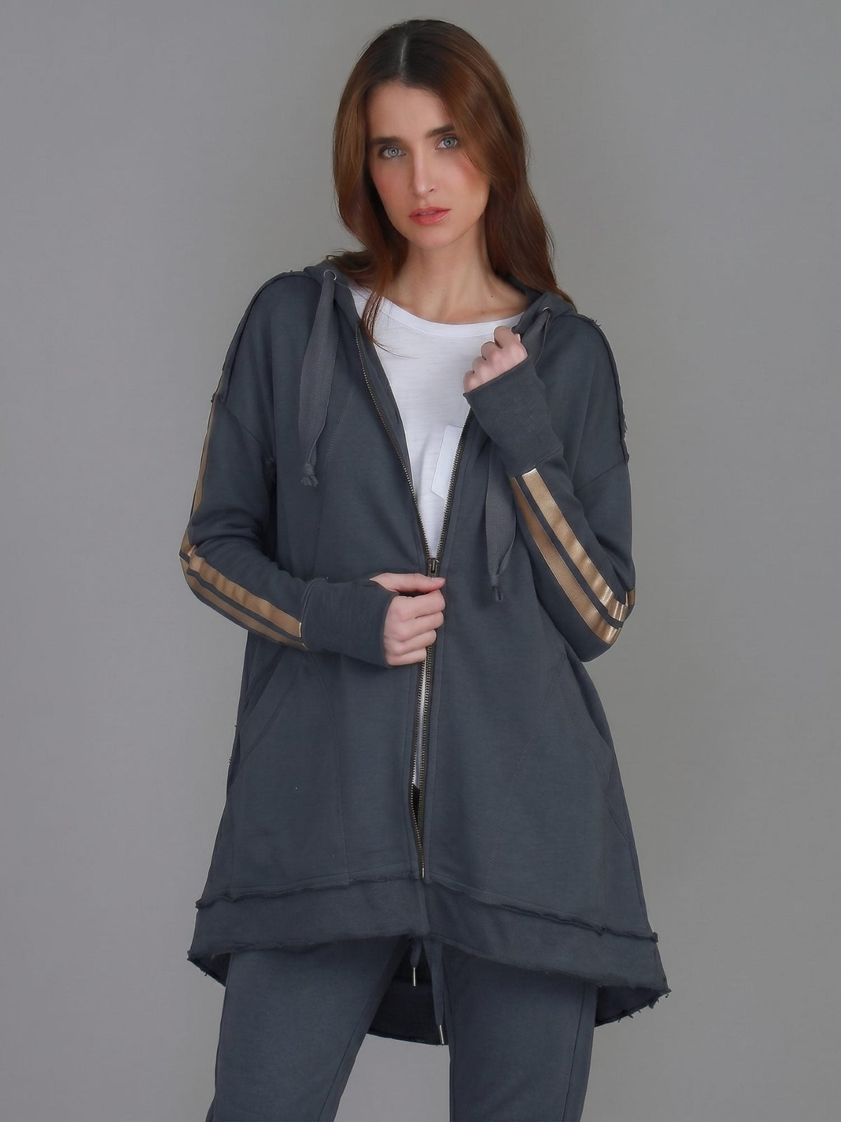 Charlie | Women's Gold Stripe Hooded Jacket – Cotton French Terry