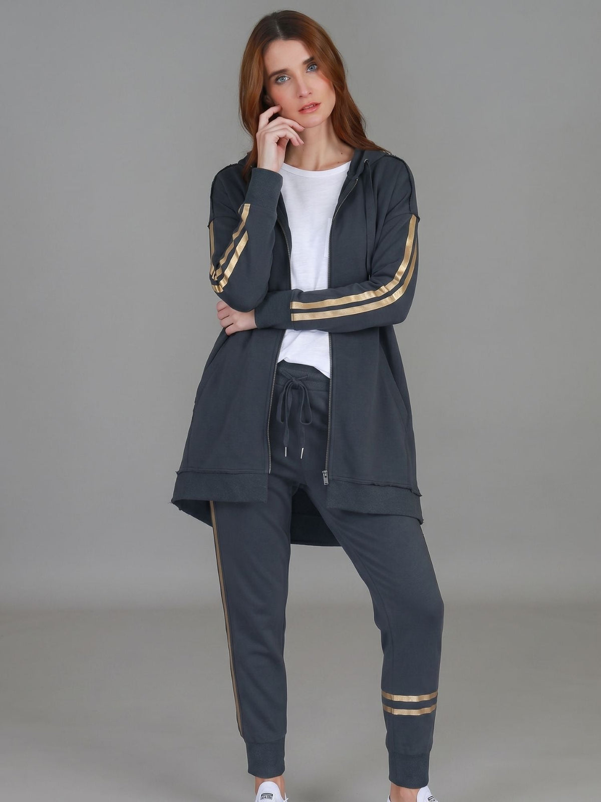 Charlie | Women's Gold Stripe Hooded Jacket – Cotton French Terry