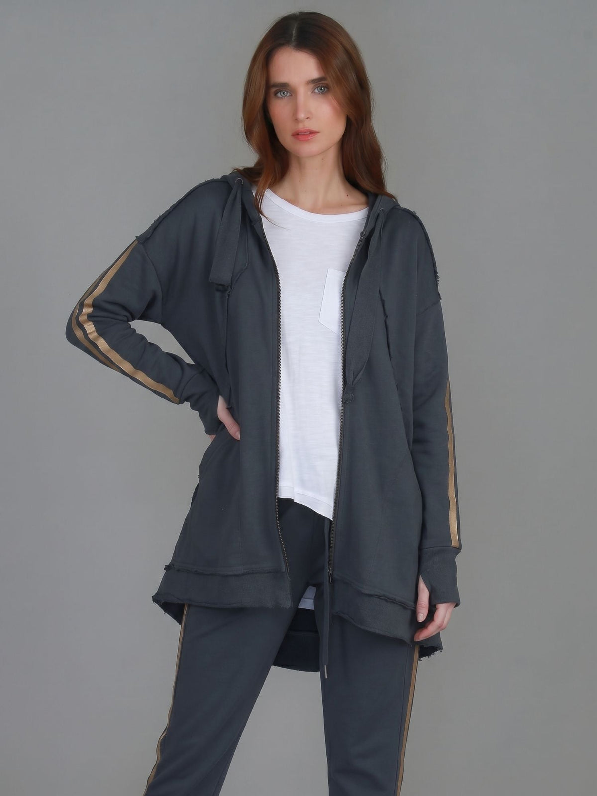 Charlie | Women's Gold Stripe Hooded Jacket – Cotton French Terry