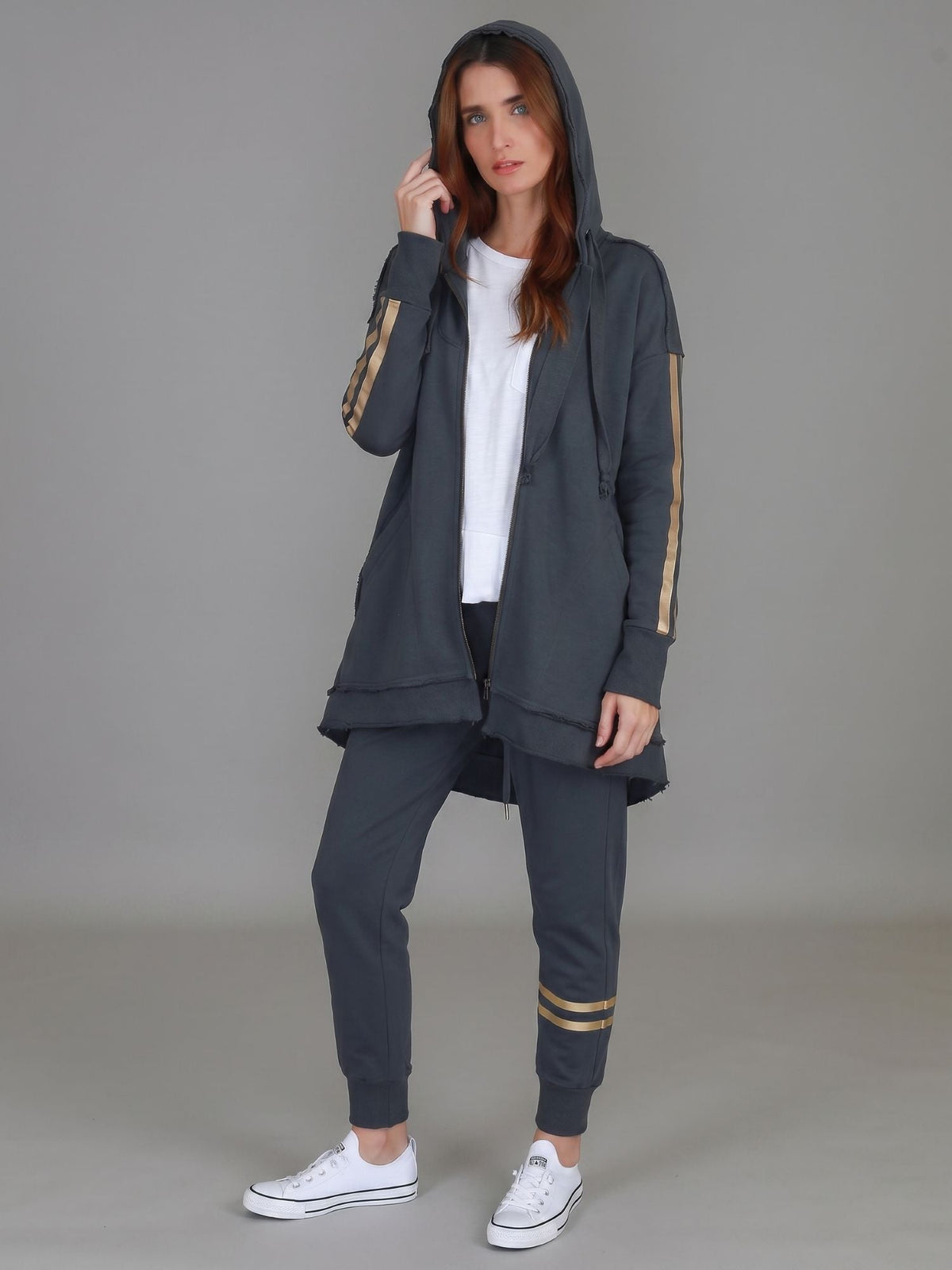 Charlie | Women's Gold Stripe Hooded Jacket – Cotton French Terry