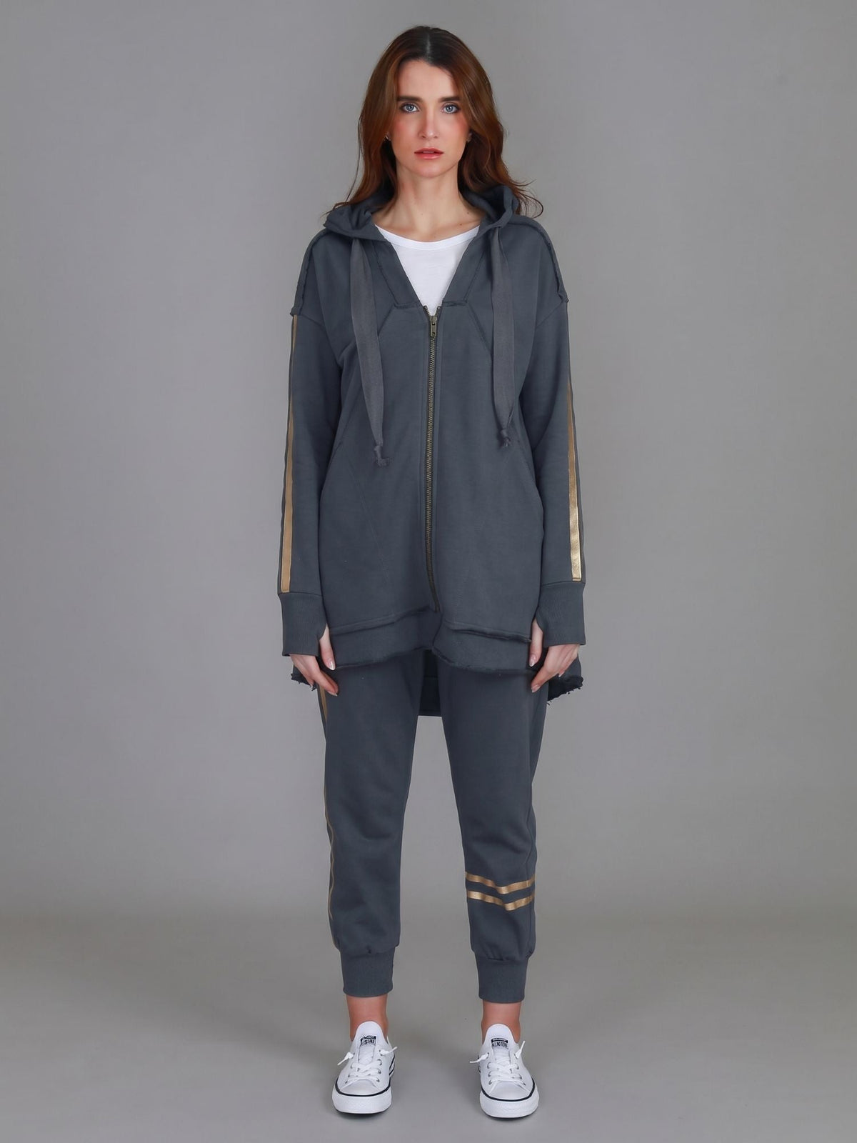 Charlie | Women's Gold Stripe Hooded Jacket – Cotton French Terry